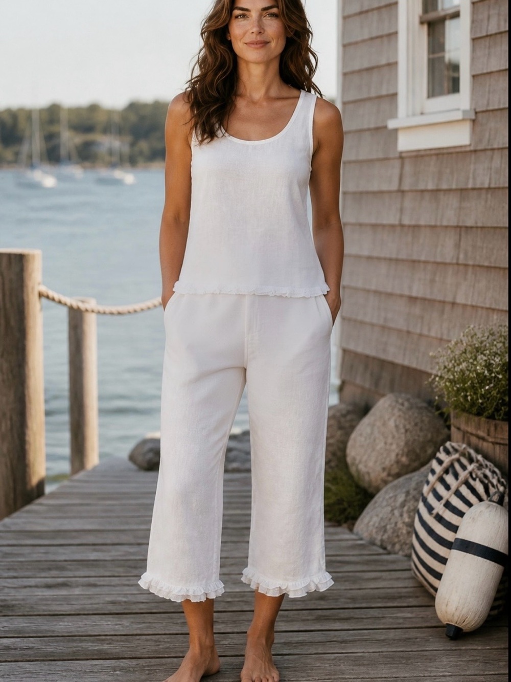 100% Linen Matching Set | White | Tank & Crop Pants with Ruffle Trim | Medium